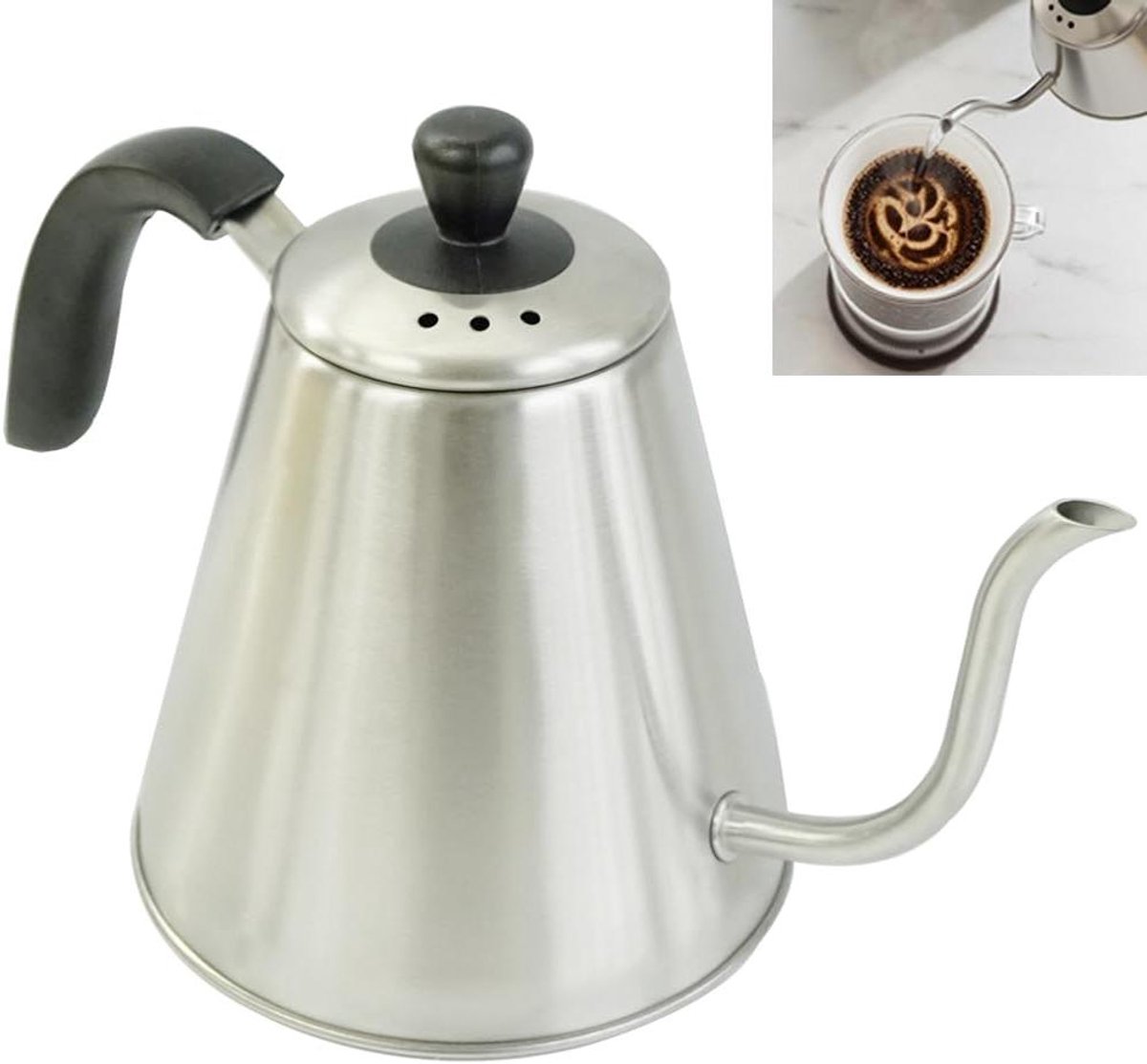 Waterkoker Zwanenhals - Koffieketel - Precisie Zetten - Roestvrij Staal - 1 Liter - Zilver