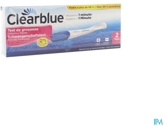 Clearblue zwangerschapstest verpakking, sneltest, nr. 1 merk wereldwijd. Resultaat in 1 minuut.