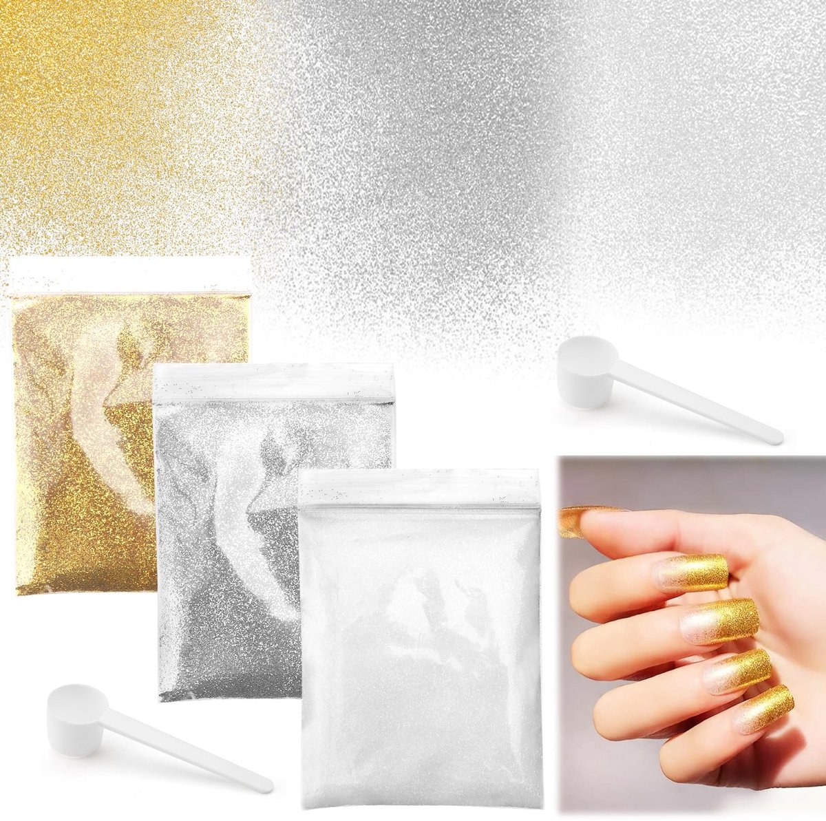SPHProducts - Glitterpoeder - Fijn Glitter voor Nail Art - Goud, Zilver, Wit - Decoraties - Creatieve Klussen - 60g