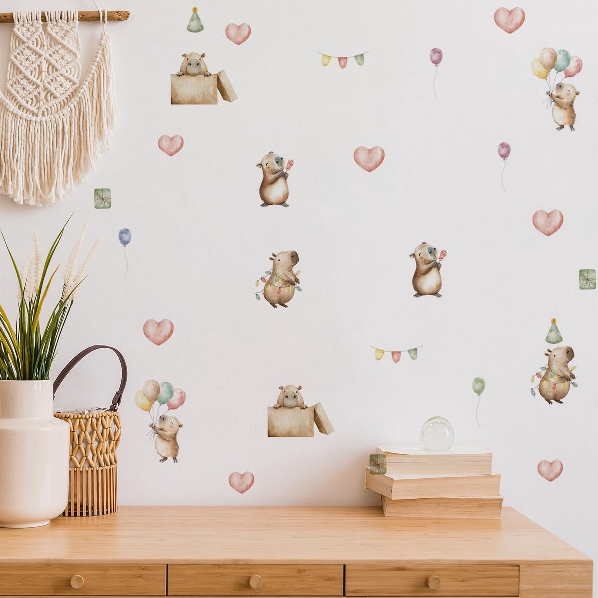 ONF3 - Capibara Muurstickers - Schattig en kleurrijk - Roze - Wanddecoratie - Kinderkamer - Wandstickers - Decoratie voor kinderen - Muurdecoratie