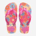 Paire de tongs Havaianas orange avec imprimé floral, brides roses brillantes.