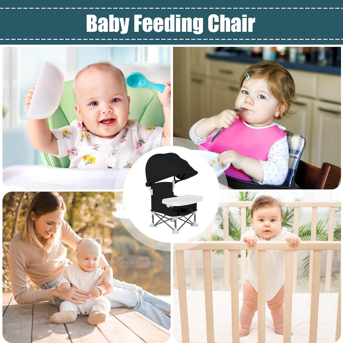 Baby Eetstoel - Kinderstoel - Buiten Eten - Inclusief Zonnedak - 39x31x37cm - Zwart