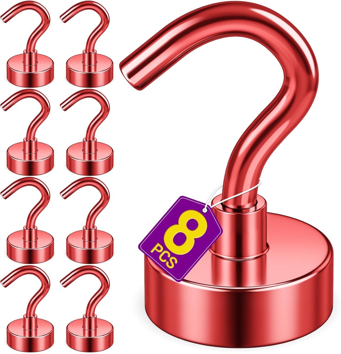 Magnetische Haak 25 lbs - 8 Stuks Rood - Stevige Magneethaak voor Cruise, Koelkast, Whiteboard, Keuken, Klaslokaal - Metalen Ophanghaak