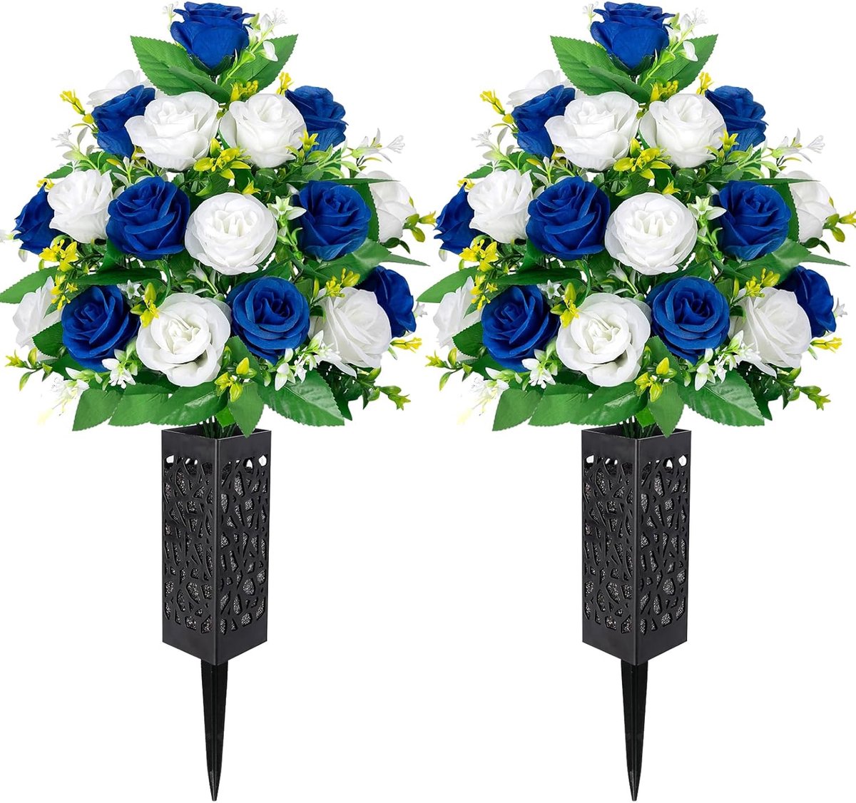 Set van 2 Kunstbloemen Boeketten met Vaas voor Grafdecoratie Blauw en Wit