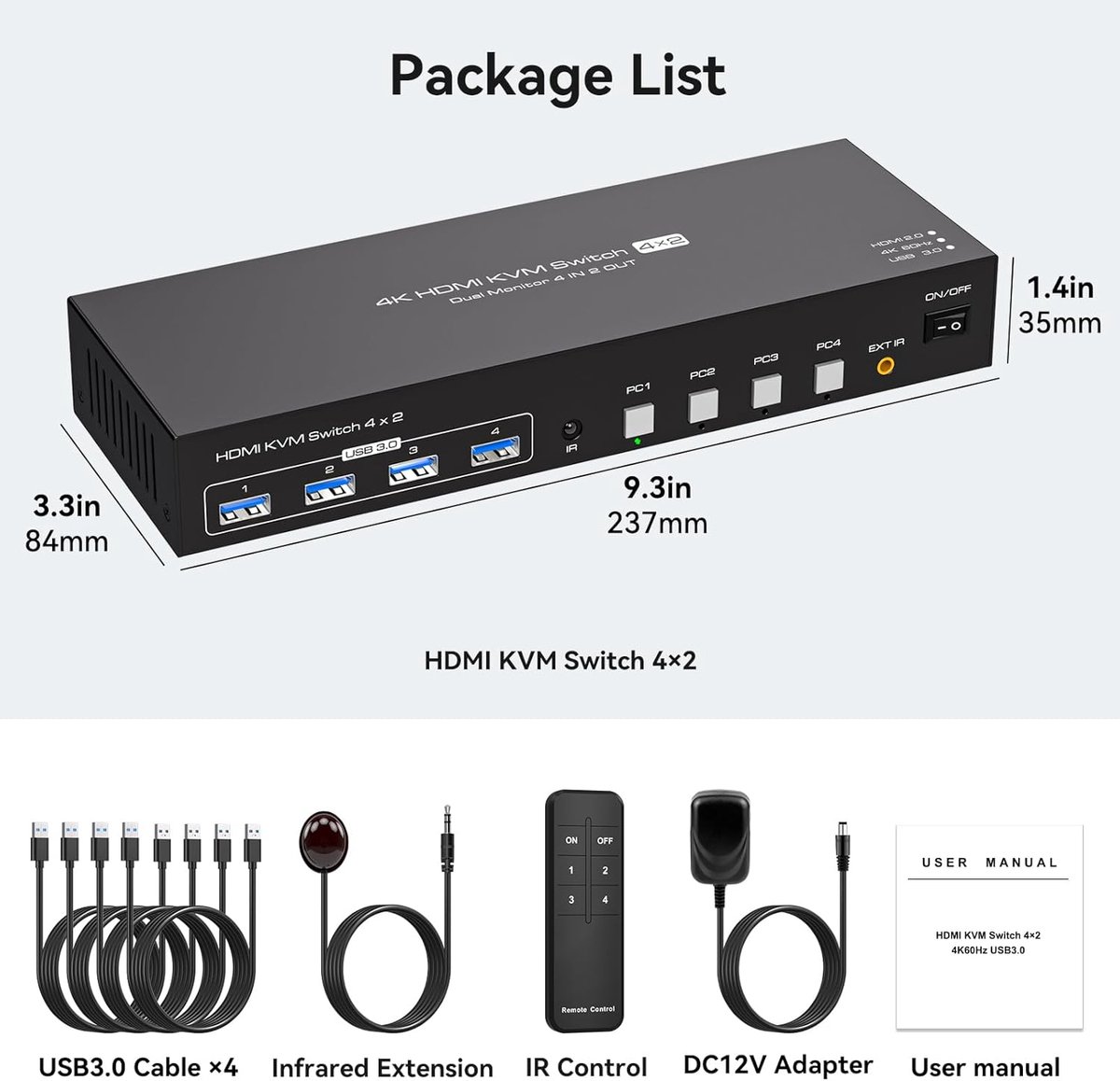 4 Poorts 4K Dual Monitor HDMI KVM Switch met USB 3.0 voor 4 Computers en 2 Schermen
