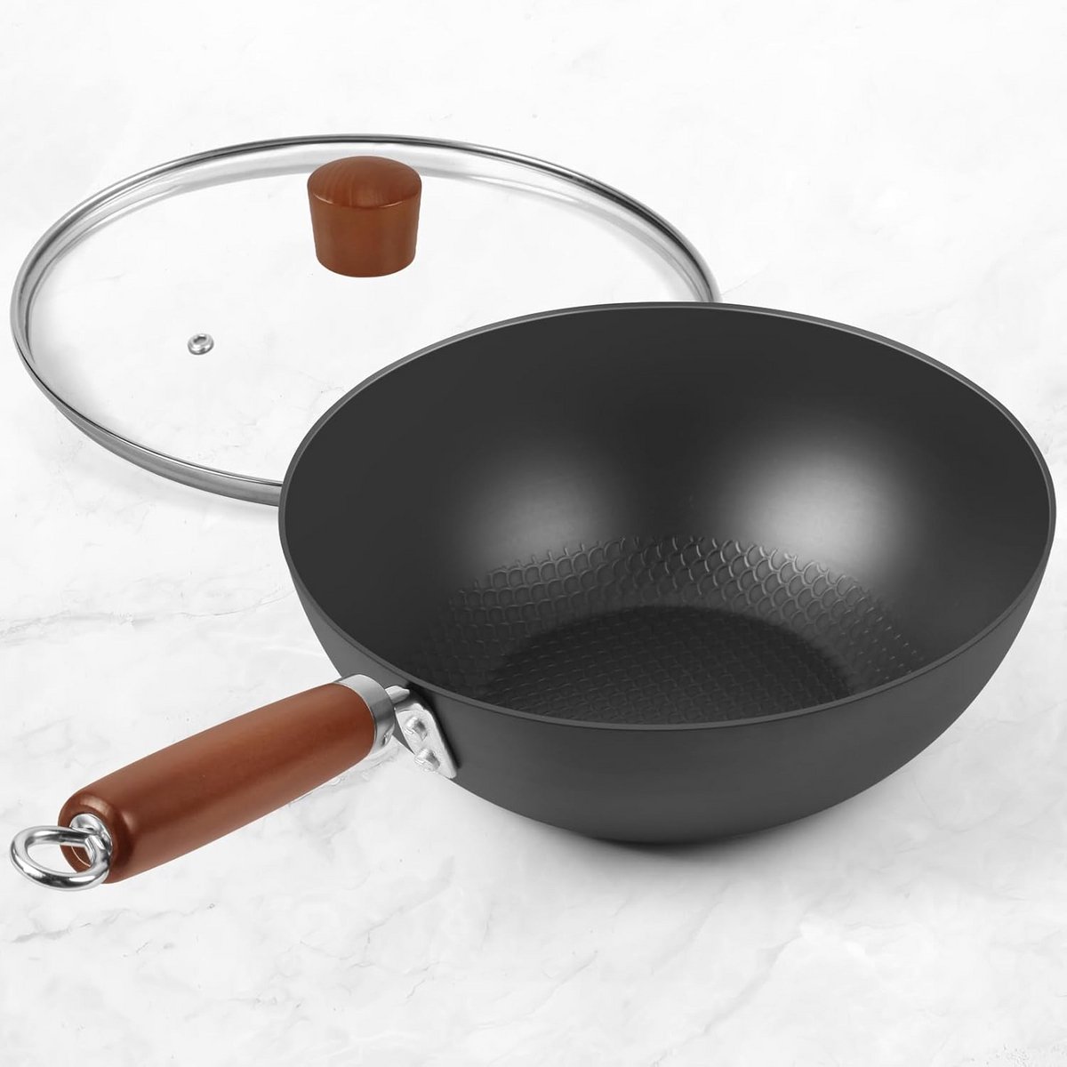Koolstofstalen Wokpan 24 cm - Lichtgewicht Wok met Glasdeksel voor 1-2 Personen