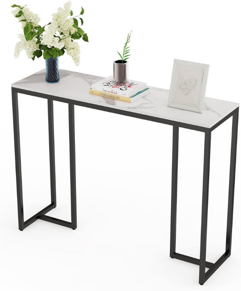 Smalle Consoletafel - Moderne Haltafel Met Marmerlook - Hoogglans Sintersteen Effect - Zwarte Poten - Luxe Sofa Sidetable Voor Woonkamer En Gang