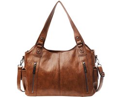 Handtas - Schoudertas Dames - Dames Handtas Vintage - Shopper Tas Groot - Schoudertas PU Leer - Tote Bag met Rits - Punk Stijl - School & Werk Tas - Lichtbruin