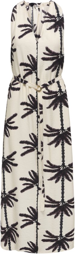 Lange beige jurk met zwarte palmboomprint, V-hals en ceintuur. Mouwloze top.
