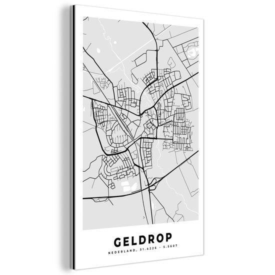 Aluminium print van de stadskaart van Geldrop in grijs en wit, staand.
