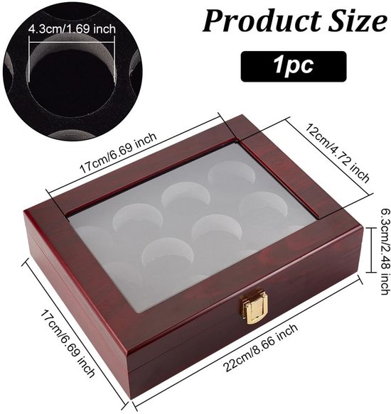 ONF3 - Golfbal vitrinekast - Houten showcase - 12-gaats golfbal display - Donker Rood - Voor golfbalcollecties - Beschermde kast - Compact formaat van Onf3 — afbeelding 3