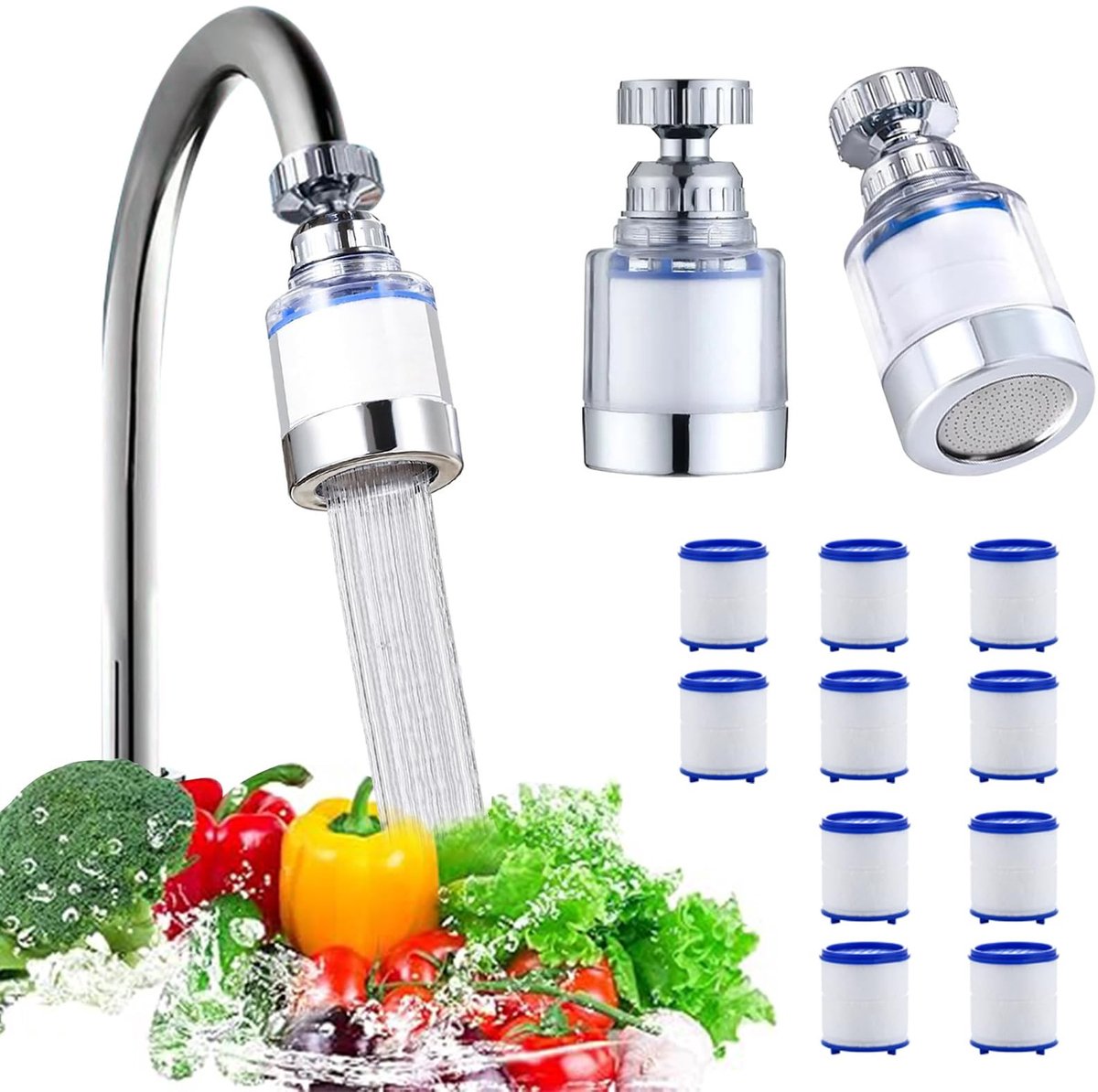 aladdien - Water Tap Filter - 2x Hard Water Filter - 360° Rotatie - Voor Thuis en Keuken - Filter Cartridges - Inclusief 10 Stuks - Voor Gezond Drin..