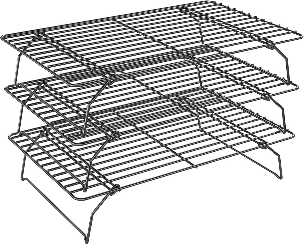 3-Layer Stackable Cooling Rack for Batch Cooling Biscuit,Pizza,Cake-15.8" x 10" - Heavy Duty Cooling Racks for Cooking and Baking, Oven and Dishwasher Safe Baking Supplies-Black