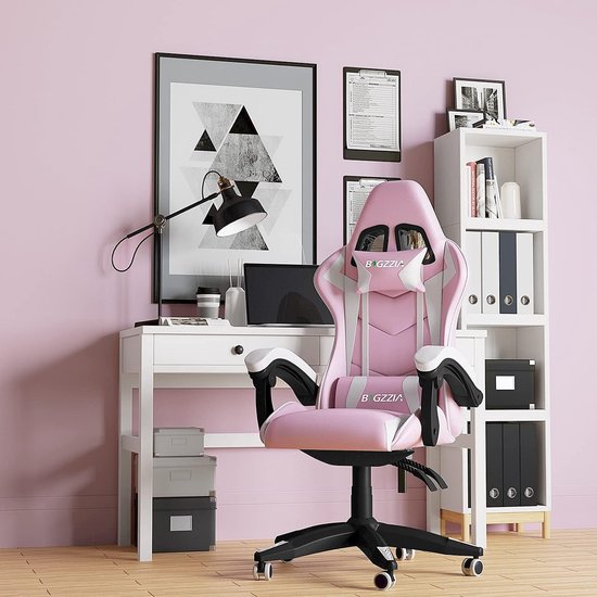 bigzzia Gamingstoel, Gamingfauteuil met hoofdsteun en lendensteun, Ergonomische gamingstoel voor gameroom, tieners, volwassenen (roze) — afbeelding 3