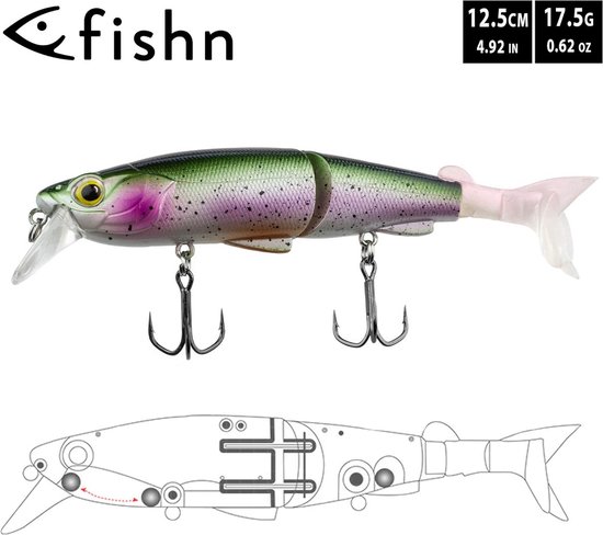 FISHN Hybride Swimbait MinnowOne, hardbait, kunstaas, 12,5 cm, 17,5 g, snoek, snoekbaars, baars en forel, met 2 reservestaartvinnen — afbeelding 4