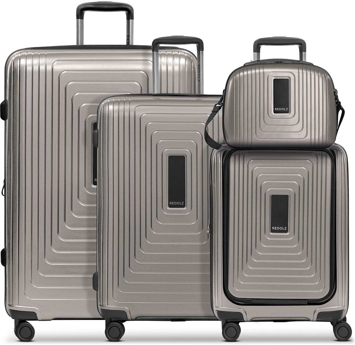 Redolz Essentials14 4-wiel kofferset Beautycase 4st met uitklapbaar laptopvak - Harde bagage - TSA slot - coffee grey metallic