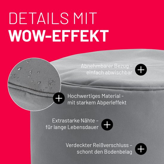 Close-up van een grijze poef met details zoals waterdruppels, naden en rits.
