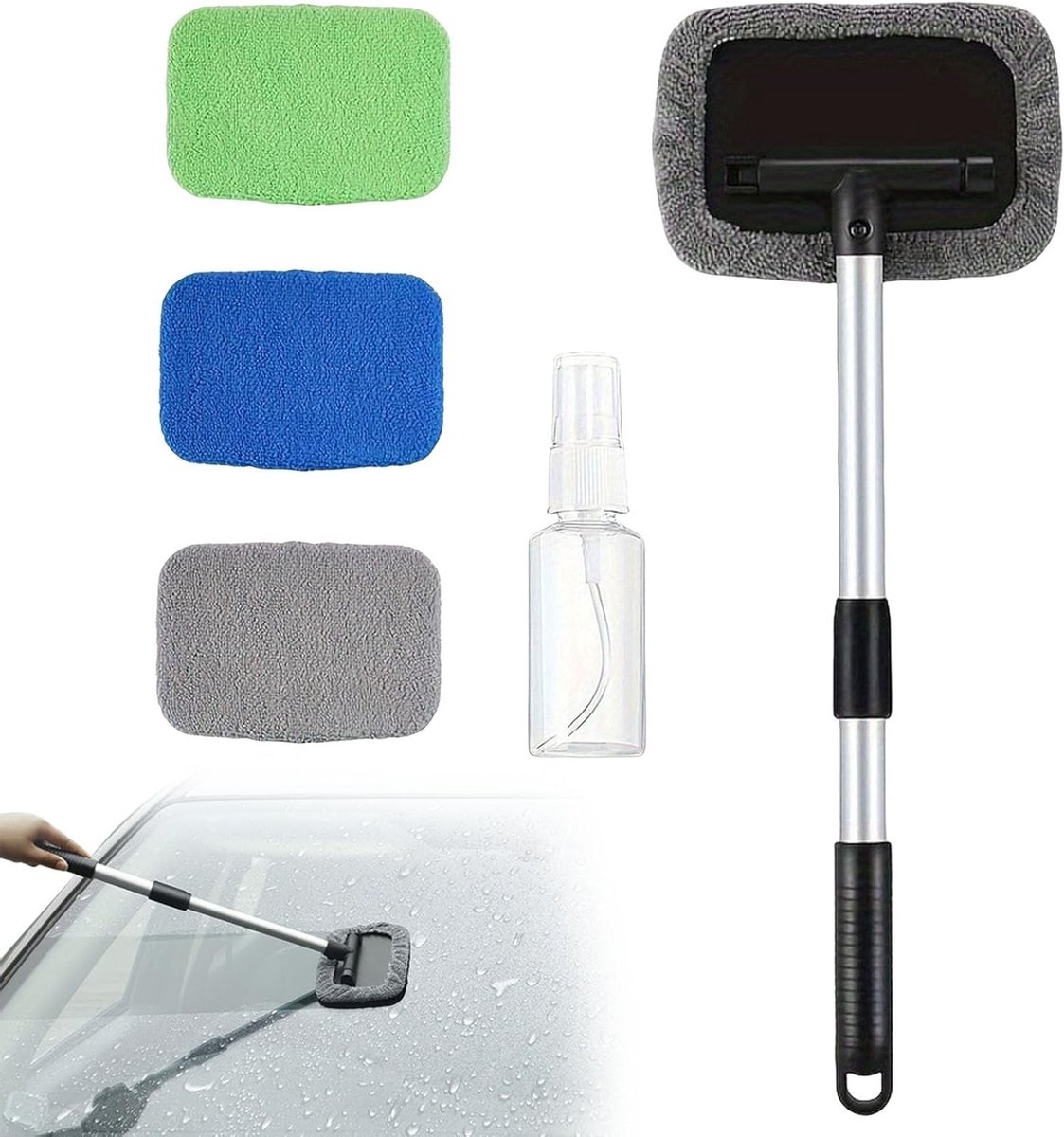 Uitschuifbare autoruitenreiniger met 4 microvezelpads voor optimale ruitreiniging, geschikt voor auto, vrachtwagen en camper, droog en nat gebruik