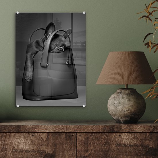 Peinture sur verre - Chien dans un sac à main - noir et blanc - 30x40 cm - Peintures sur Verre Peintures - Photo sur Glas