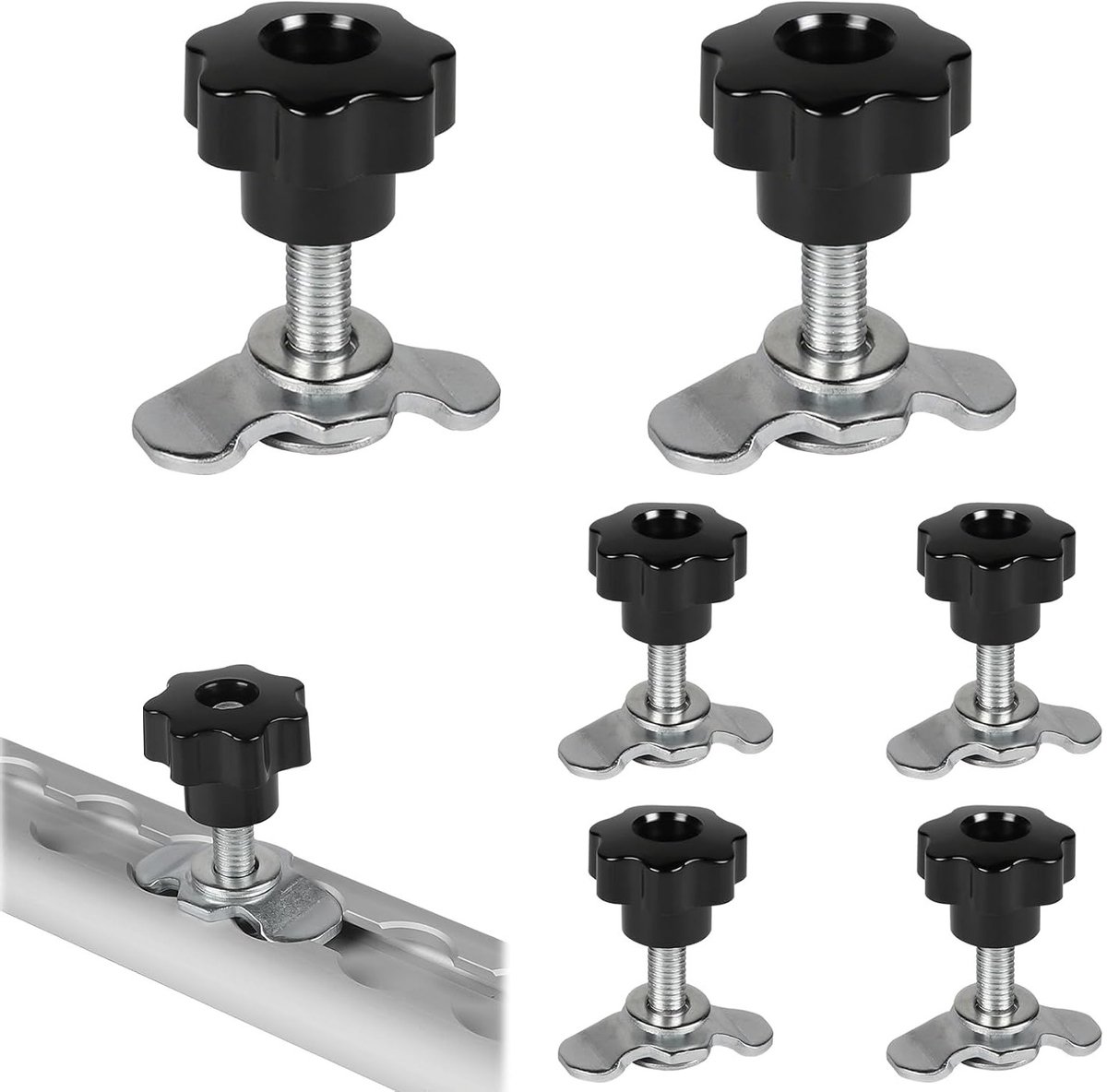 Screw Fitting Luchtlijn Rail M8 x 45 mm Zwart Ster Handvat Schroefverbinding Accessoires voor Lashing Rails, 500 DaN, Gegalvaniseerd, Verpakking van 6