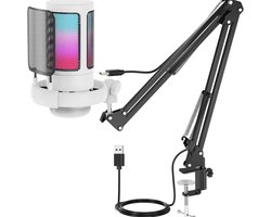 USB-gamingmicrofoon met microfoonstandaard en mute-schakelaar – Geschikt voor pc, Mac, PS4/PS5 – inclusief popfilter en hoofdtelefoonaansluiting – geschikt voor video en livestreaming – wit