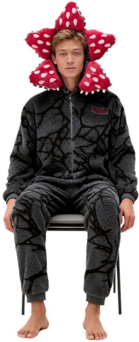 Kraftverdia Unisex 3D Demon Pyjama Lange Mouwen Een Stuk Pyjama Demogorgon Onesie Hooded Fleece Nachtkleding Winter Kerst Pyjama voor Womens Mens