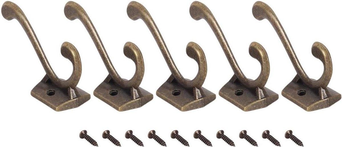 Wandhaken Set - Kapstokhaken Gietijzer - Ruimte Ordenen - Messing Afwerking - 5 Stuks - Brons
