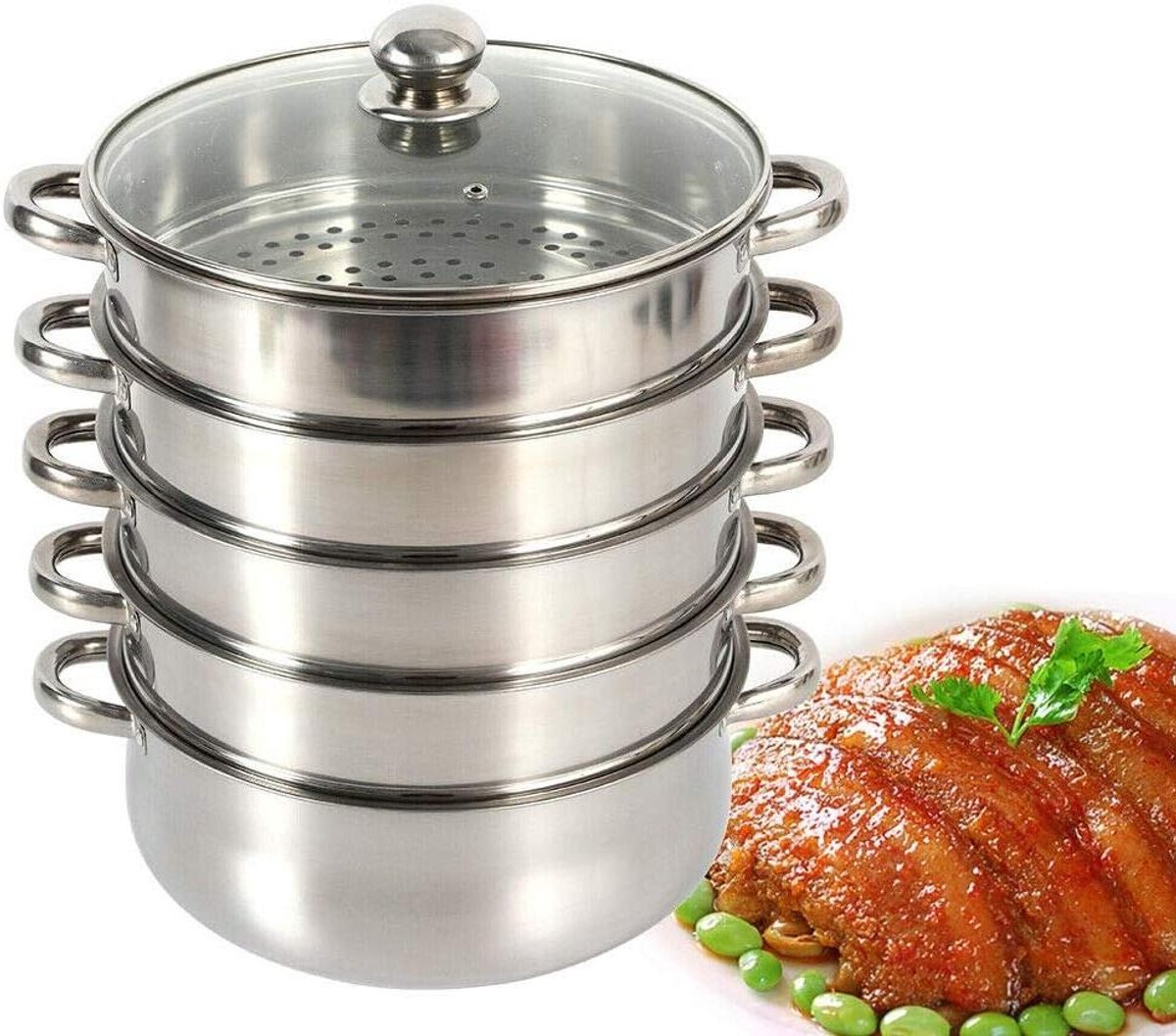 Rvs Stoomboot - Stoomkoker Pot - Voedsel Stomen - Vijf Lagen - 30 Cm - Zilver