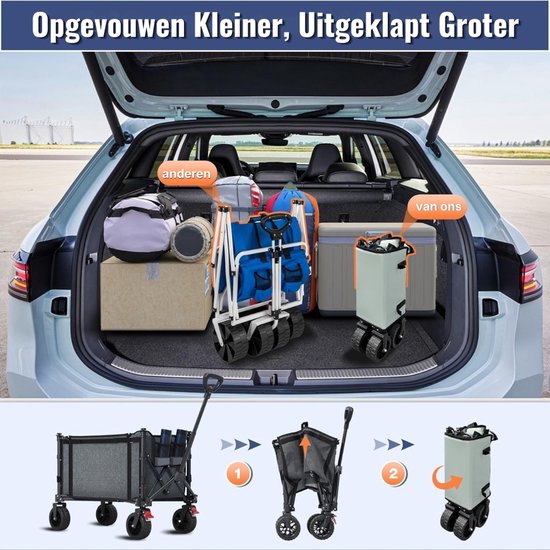 Opvouwbare handkar met grote all-terrain wielen, 120 liter, 100 kg draagvermogen, opvouwbare handkar met remmen, strandkar voor strand, tuin, camping, boodschappen, grijs van Merkloos — afbeelding 5