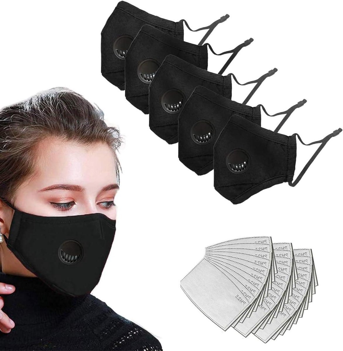 Beschermende Mondkapjes - Herbruikbare Hoezen - Stof en Allergenen Buiten - Met Actieve Koolfilters - 5 Stuks - Zwart