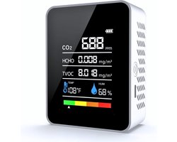 CO2-meter - 5-in-1 luchtkwaliteitsmeter voor binnen, CO2-melder, formaldehydemeter, thermometer, hygrometer met alarm, luchtkwaliteitsmonitor TVOC/HCHO/CO2-monitor voor thuis, kantoor, auto