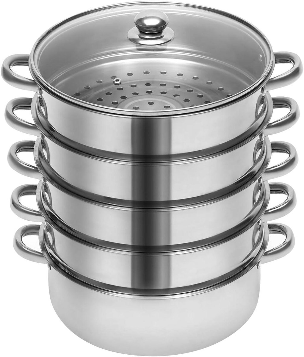 Stoompan RVS - Groentestomer - Gezond Koken - 5 Lagen Constructie - 26 cm - Zilver