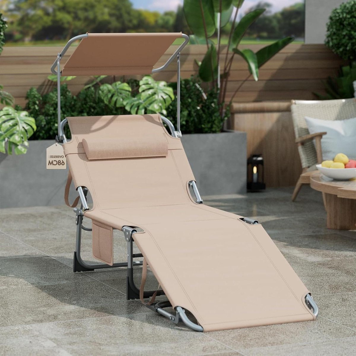 Loungebank met dak - Zonnebed Tuin - Ontspannen in zon - Extra breed ontwerp - 194 cm lang - Beige