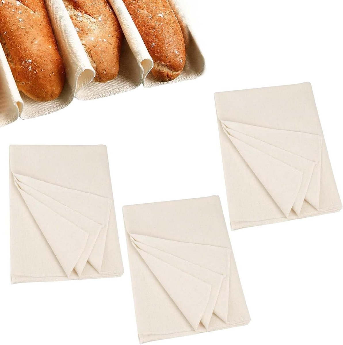 Set van 3 bakdoeken van linnen 75x45 cm – Herbruikbare doek voor brooddeeg – Ideaal voor baguettes en rijstdeeg