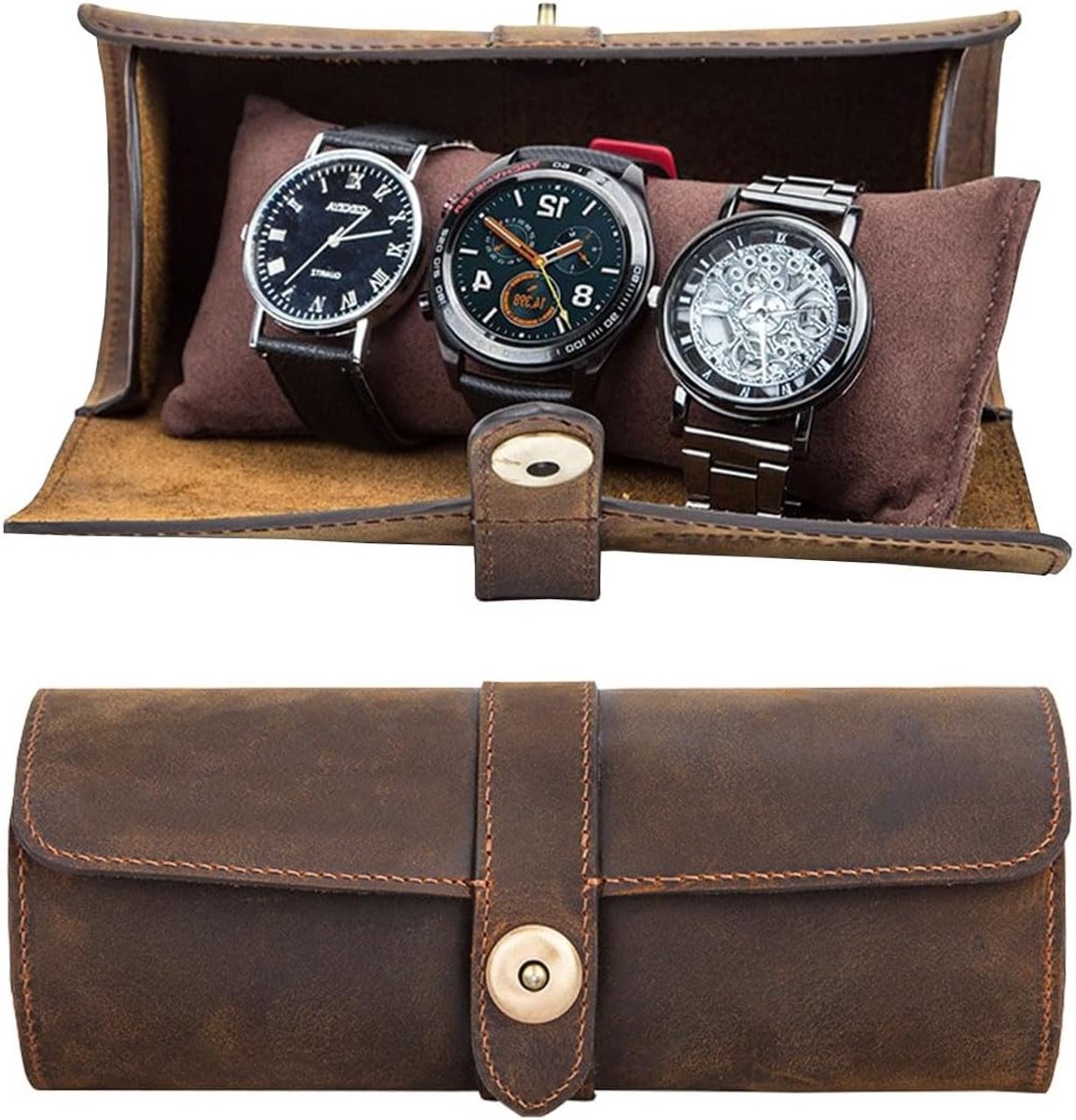Leren Horloge Roll Case voor 3 Horloges, Luxe Reisdoos en Organizer voor Mannen, Perfecte Bewaaroplossing voor Horloges en Armbanden