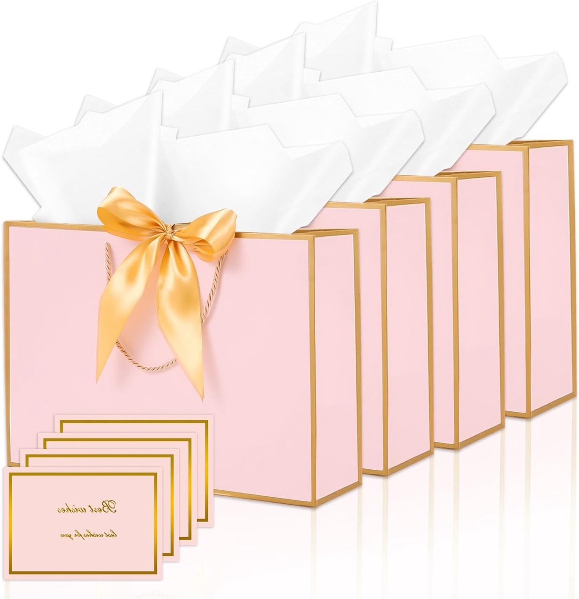 4 Medium Papieren Cadeauzakken met 4 Strikken, 8 Tissuepapier en 4 Wenskaarten, 28 x 20 x 10 cm, Perfect voor Bruiloften, Kerst en Verjaardagsfeesten (Roze)