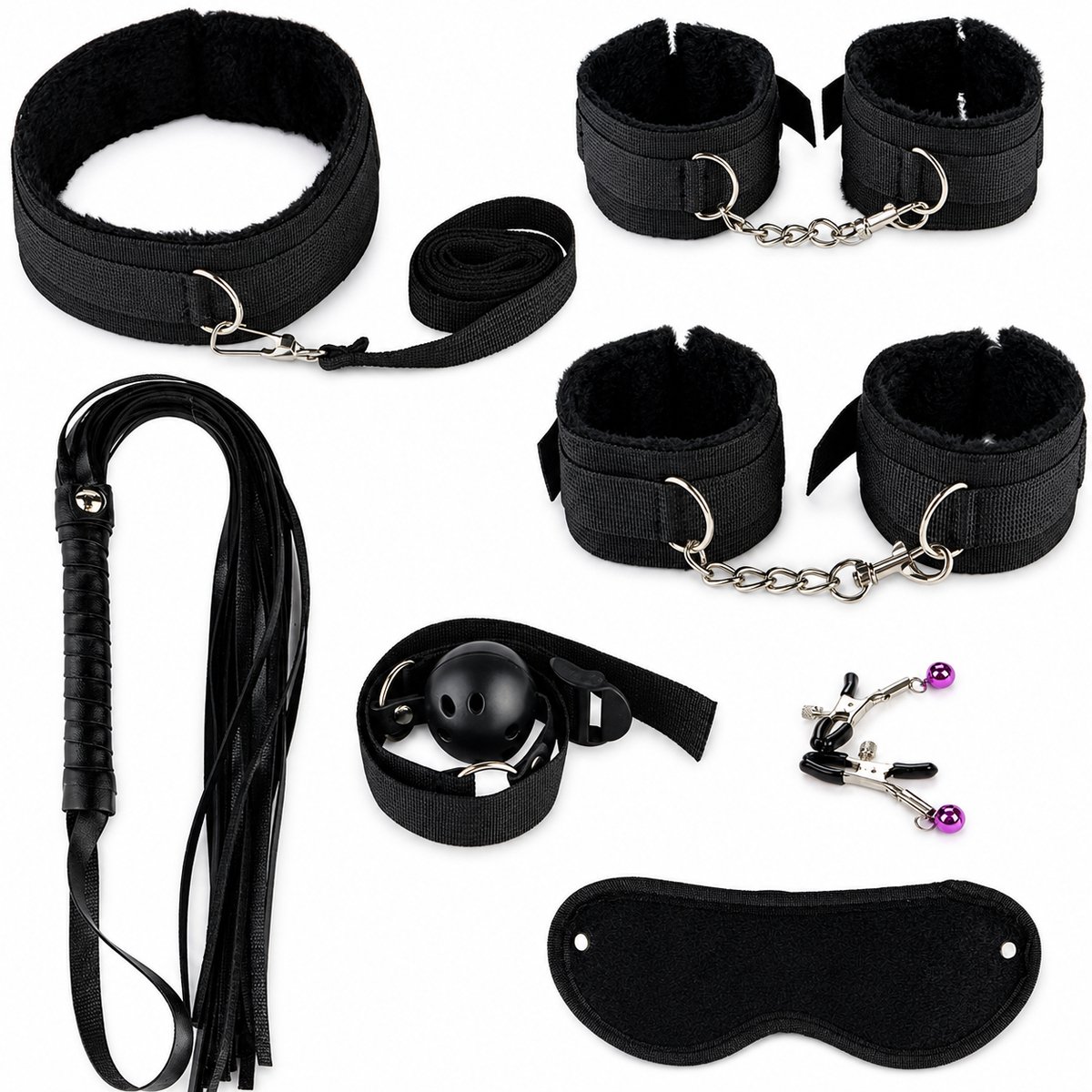 TJ Essentials 7 Delige BDSM Set – Bondageset – Sekspeeltjes – Zweep – Handboeien Halsband – Blinddoek – Gag Ball – Tepelklemmen – Zwart