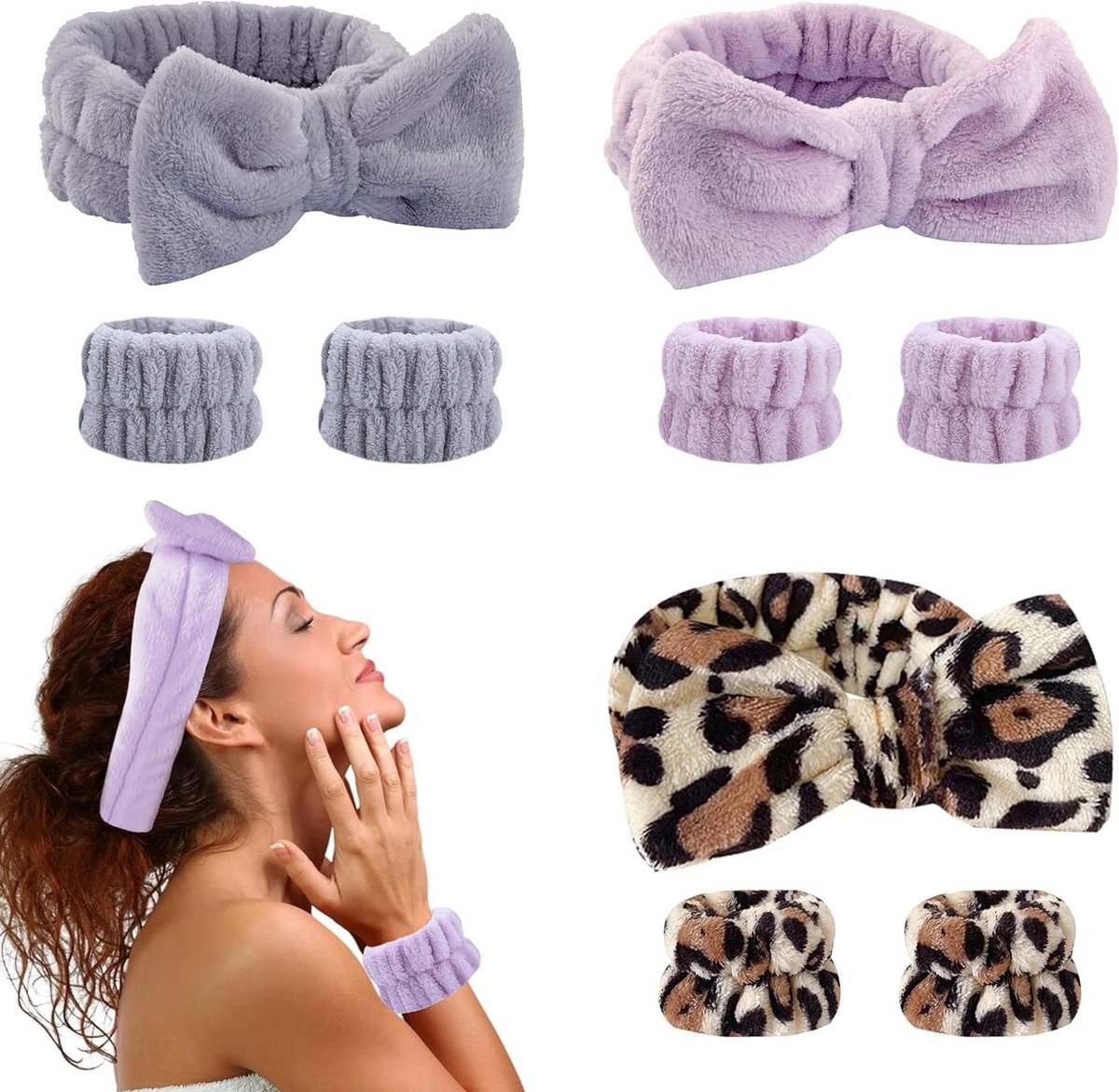 Set van 9 Stukjes Spa Diadema en Muñequeras voor Vrouwen, Inclusief Make-up Verwijdering en Gezichtsreiniging, Verkrijgbaar in 3 Kleuren