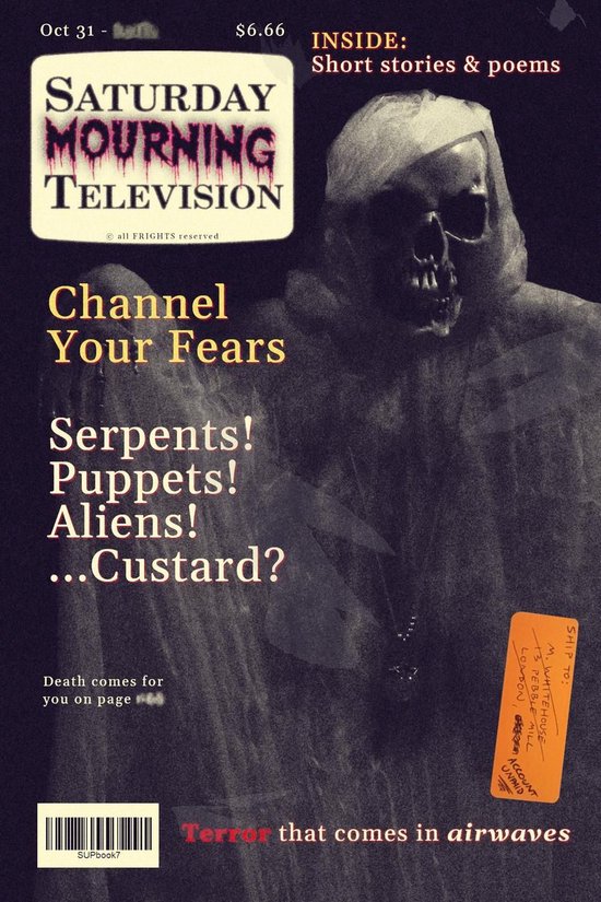 Couverture de magazine noir et blanc 'Saturday Mourning Television' avec un crâne portant une capuche, texte 'Channel Your Fears'.