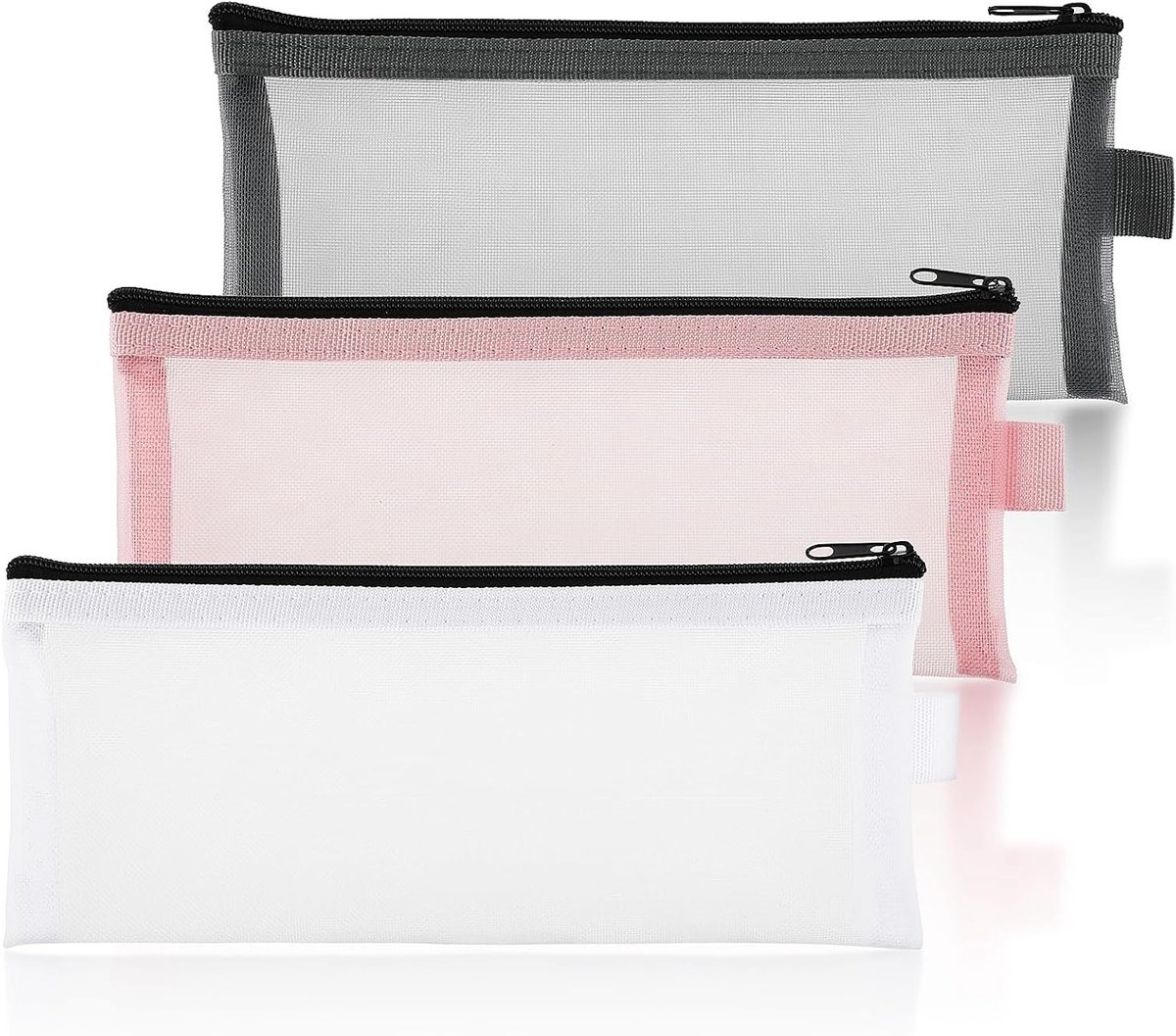 Ronte - Nylon mesh etui voor schrijfwaren, 3 stuks, grote inhoud, geschikt voor tieners en kantoor, grijs, wit, roze.