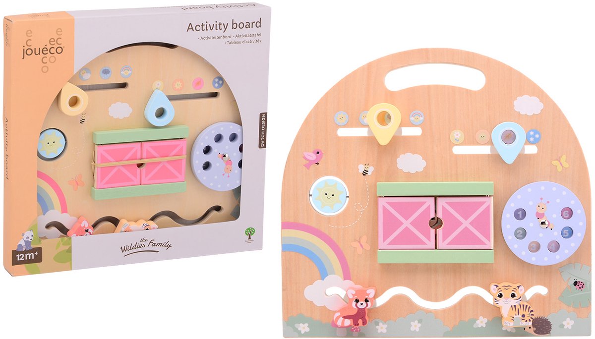 Joueco - activiteiten bord - houten activity centre baby - met schuif dieren