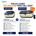Vergelijking van twee AXIMO solar buitenlampen: 266 LED en 546 LED. Beide hebben een bewegingssensor en zijn IP65 waterdicht.