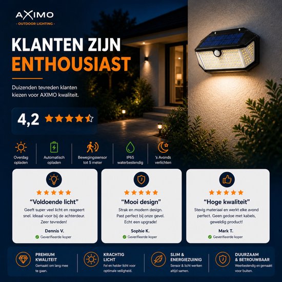 AXIMO solar buitenlamp 's avonds aan een muur, met sterbeoordelingen en klantrecensies. 'Voldoende licht', 'Mooi design' en 'Hoge kwaliteit'.