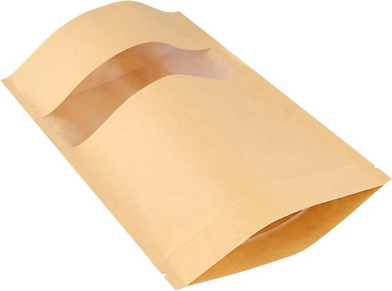 150 Stuks Kraft Papieren Zakjes met Doorzichtige Venster en Rits, Herbruikbare Staande Bodemzakken voor Noten, Koffiebonen en Theebladeren van Merkloos — afbeelding 5