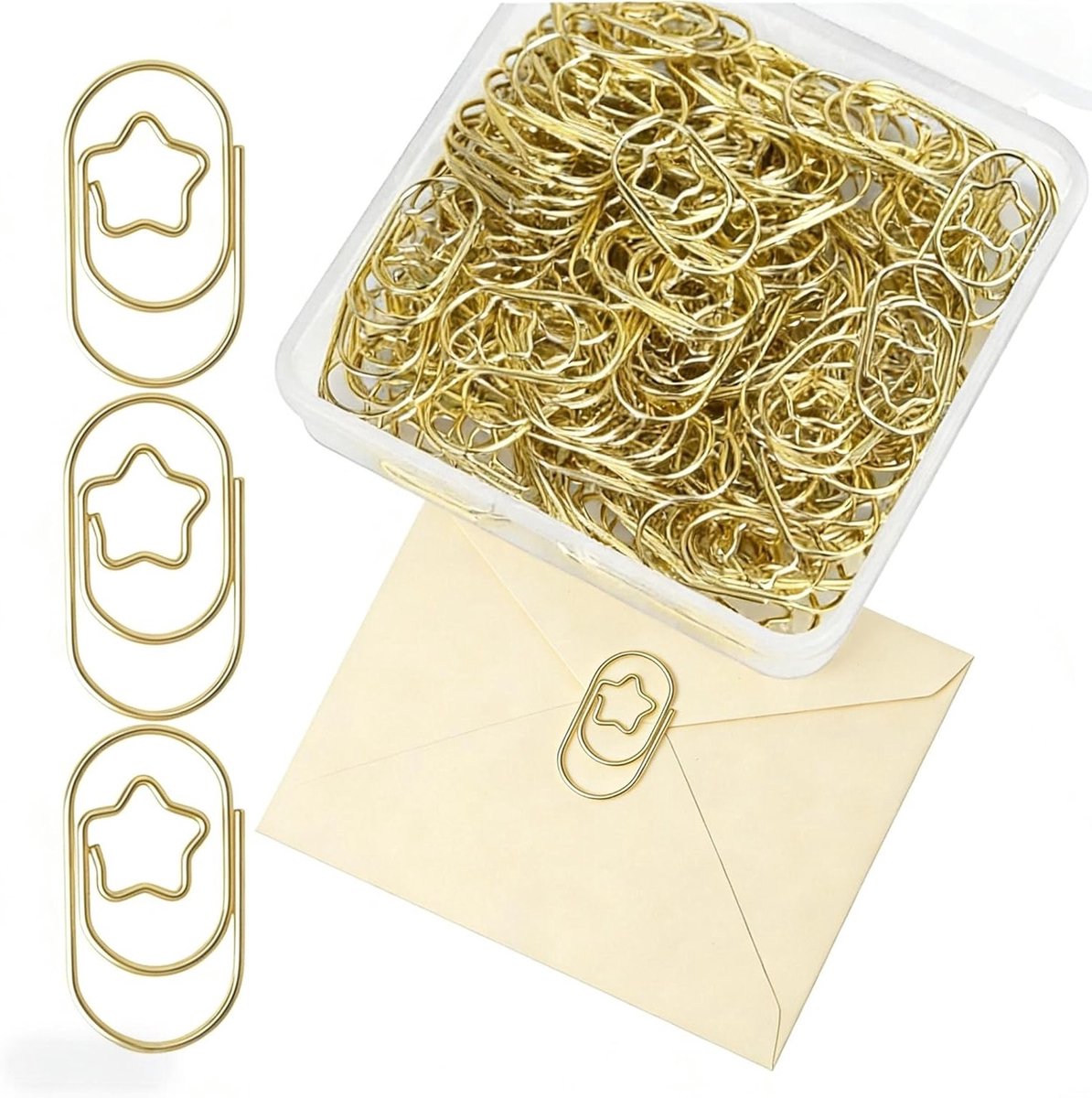 Set van 130 Stervormige Gouden Paperclips 22 x 12 mm, Inclusief Transparante Opbergdoos voor Kantoor, School en Creatieve Projecten