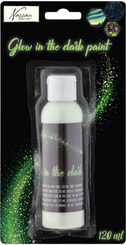 Flesje lichtgroene glow-in-the-dark verf van 120 ml in verpakking met glinsterend groen design.