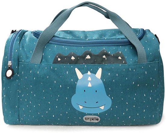 Sac de sport bleu avec des pois blancs, un grand imprimé dinosaure bleu et des poignées.
