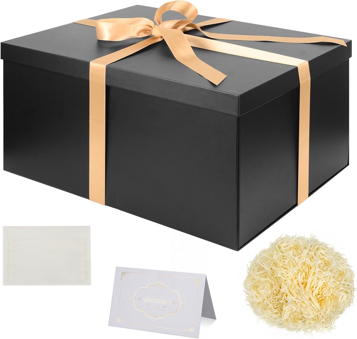 Grote Zwarte Cadeau Dozen met Deksel 38 x 28 x 19cm, Inclusief Lint, Ingevuld Papieren Snippers en Wenskaarten voor Kerst, Verjaardag, Bruiloft en Jubileum