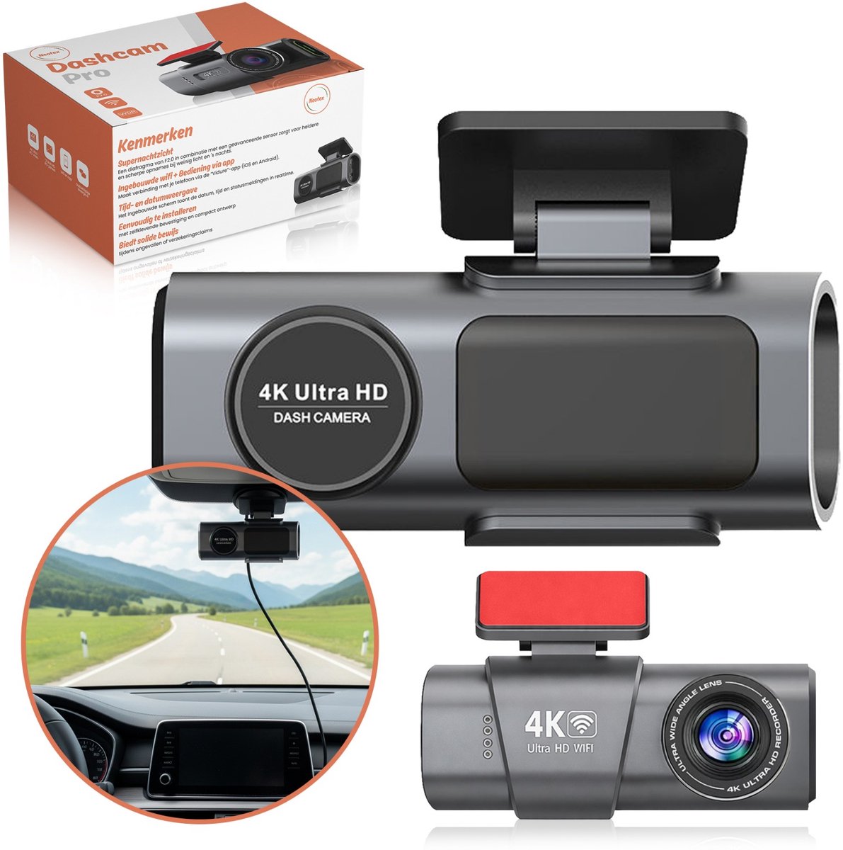 Neotex® Dashcam Auto 4K/1080P Dual Lens – Voor- en Achtercamera, Nachtzicht, G-Sensor, WiFi, Parkmodus