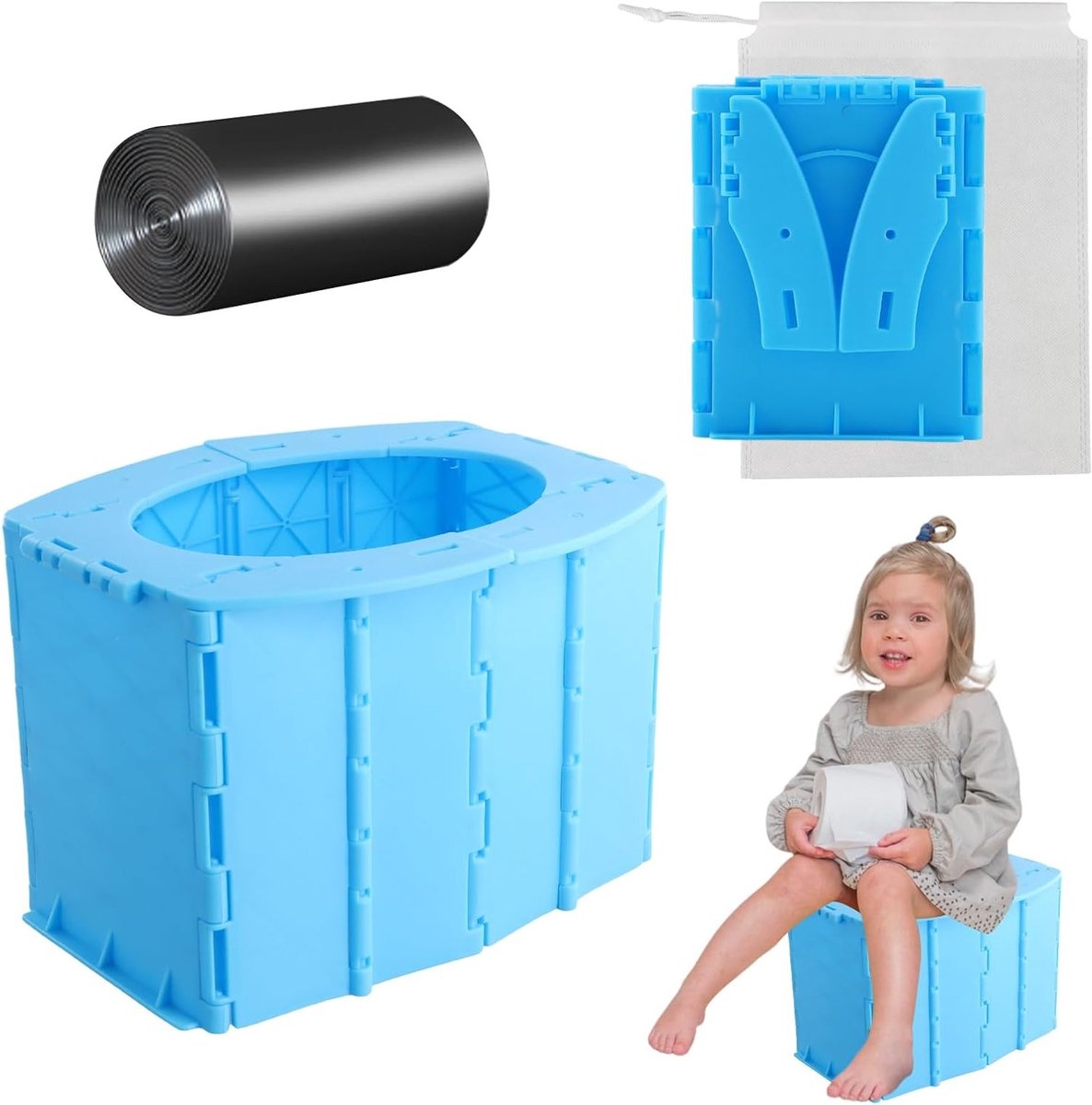 Vouwbare Reis Pot voor Kinderen, Draagbare Toiletpot met Opbergtas en Schoonmaakzakken, Geschikt voor Jongens en Meisjes, Blauw, Ideaal voor Kamperen en Dagjes Uit